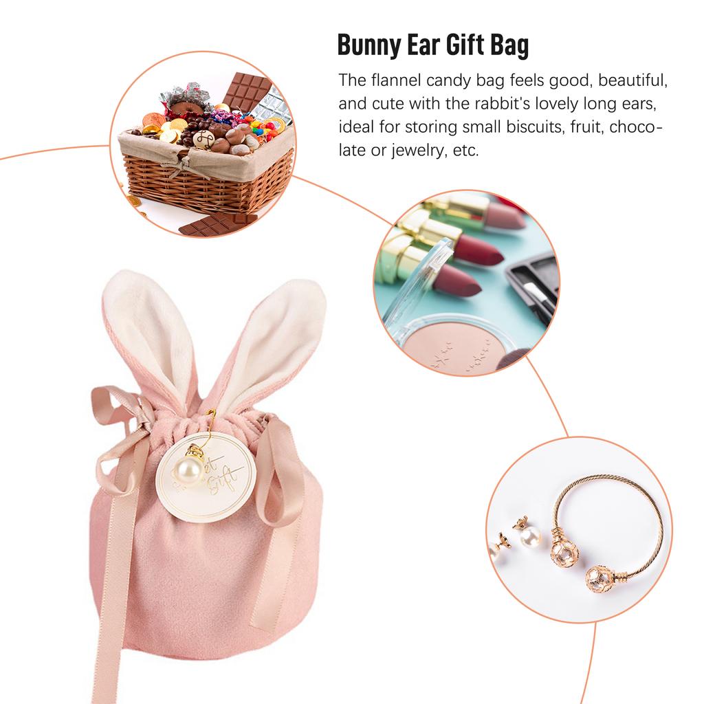 Flannel Bunny Ear Gift Bag Rabbit Ear Wedding Candy Bag with Card Pearl Drawstring Design Soft for Wedding Birthday