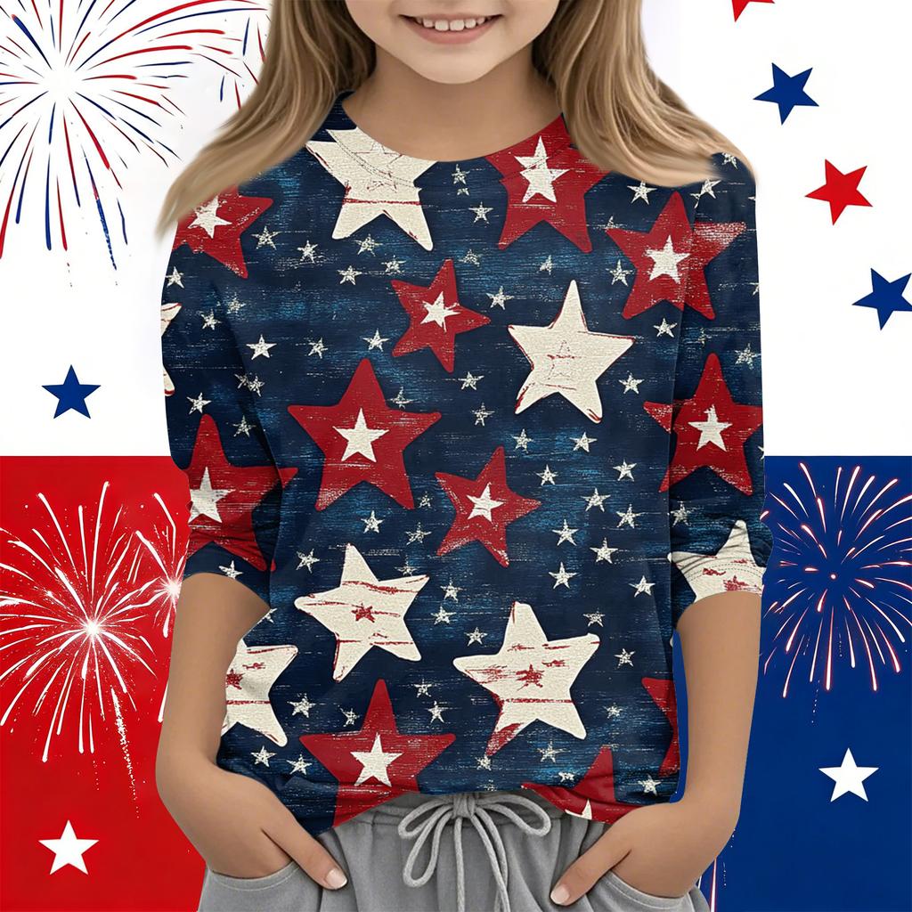 Print Tops For Youth Girls Round Neck 3/4 Sleeves T-Shirts Trendy Tops Outfit Tees Independence Day