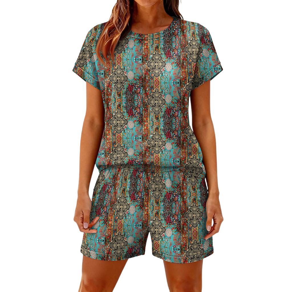 Women's Casual And Comfortable Floral-Print Short-Sleeve Set With Pockets