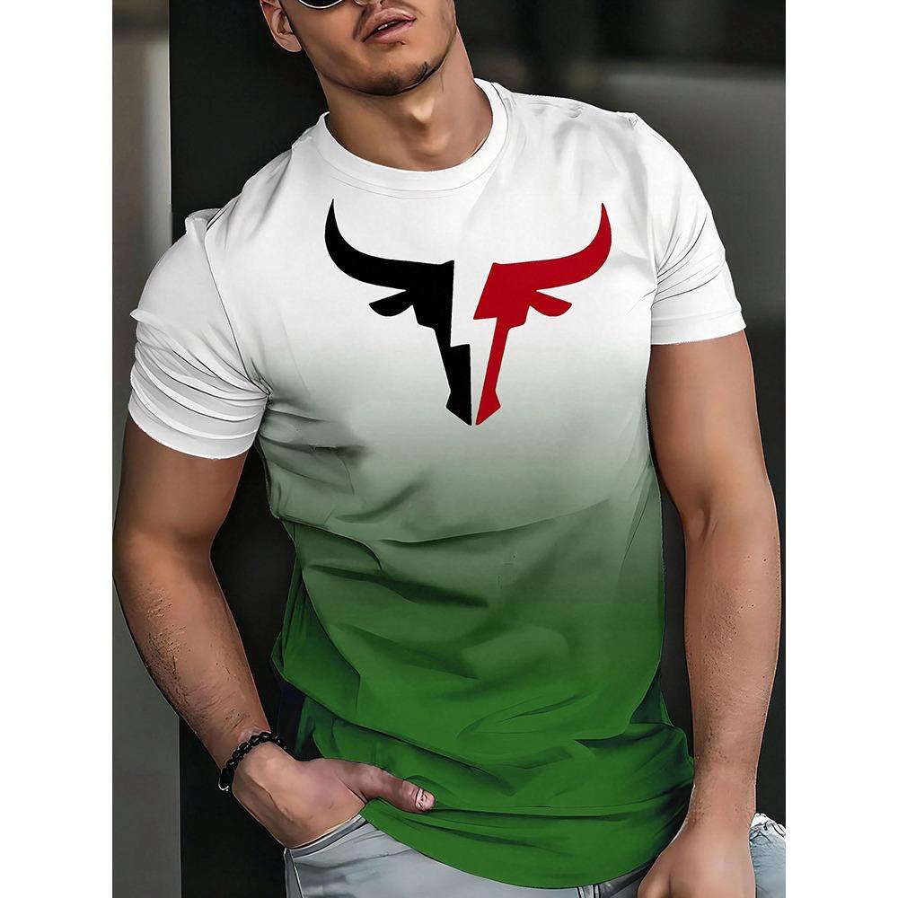 3D Bull Head Print Summer Casual Men's T-shirt Urban Street Fashion Men's Short-sleeved Shirt Outdoor Sports and Fitness Men's S