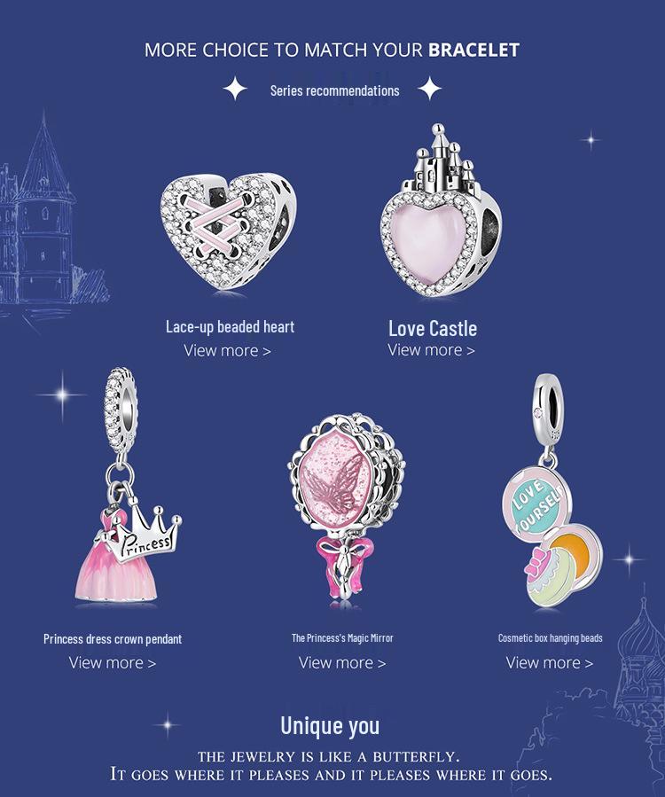 Rosa Kärleksslott DIY Retro 925 Silver Pärlbesatta Tillbehör SCC2207