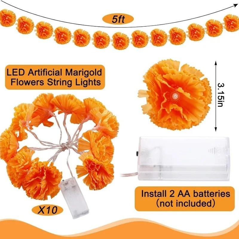 5 Ft LED Orange Marigold Garland Lights for Day of The Dead Halloween Diwali Holiday Party Home Decoration Christmas Supplies