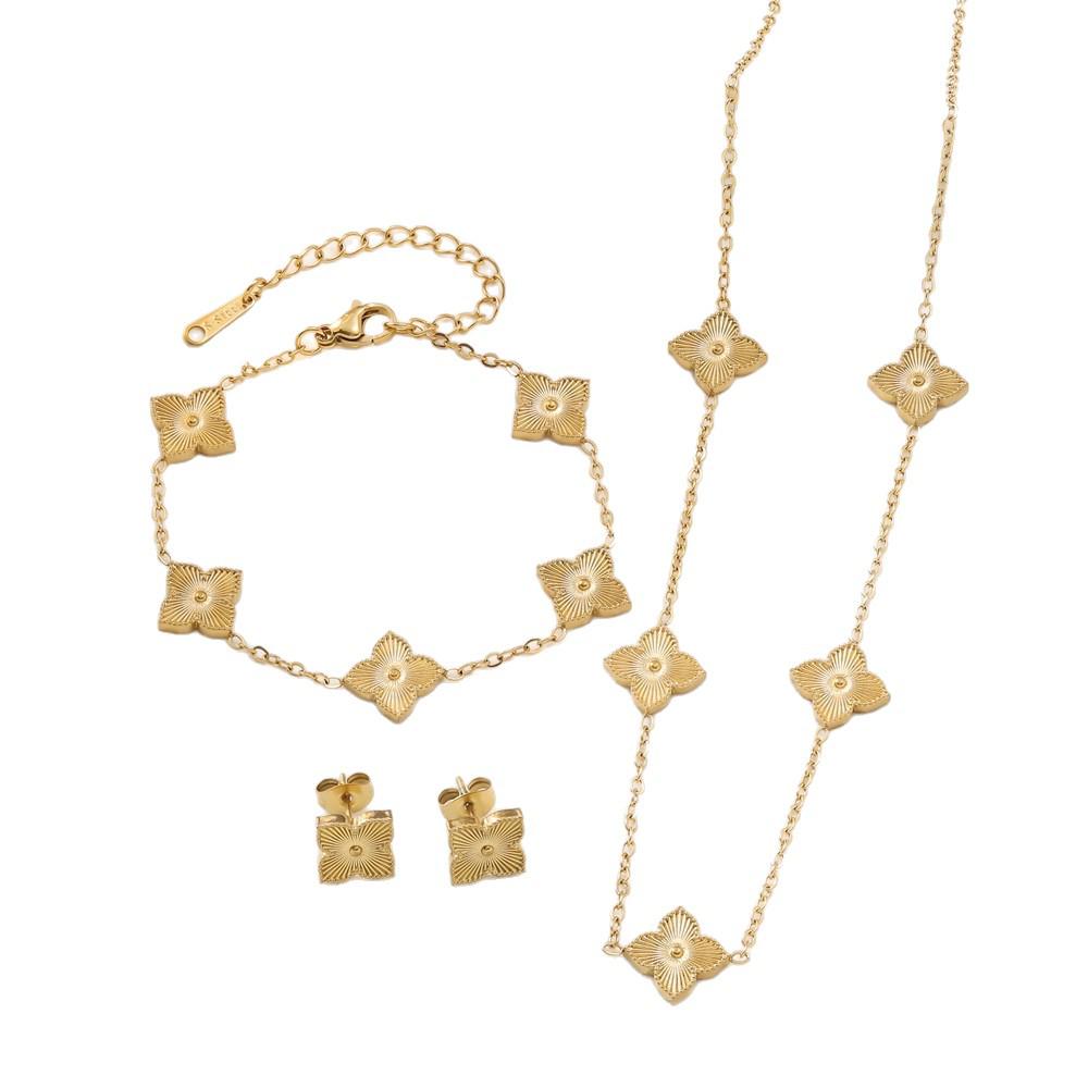 Elegant 18K Titanium Steel Jewelry Set: Laser Stripe Clover Bracelet, Necklace & Stud Earrings