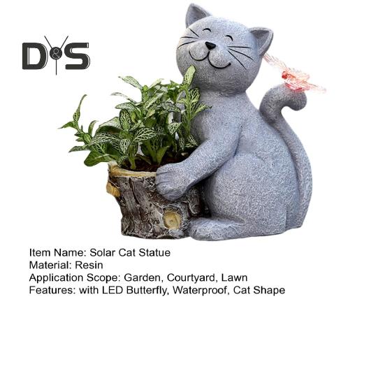 Solar Garden Blomsterpotte Kattestatue med LED-sommerfugl Vanntett Plantekrukke Kattunge Resin Figur Skulptur Utendørs veranda Hage Plendekorasjon