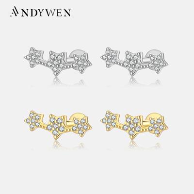 925 Sterling Silver Gold Three Star Stud Earring Piercing Pendientes Luxury Fine Jewelry 2023 Wedding Jewels