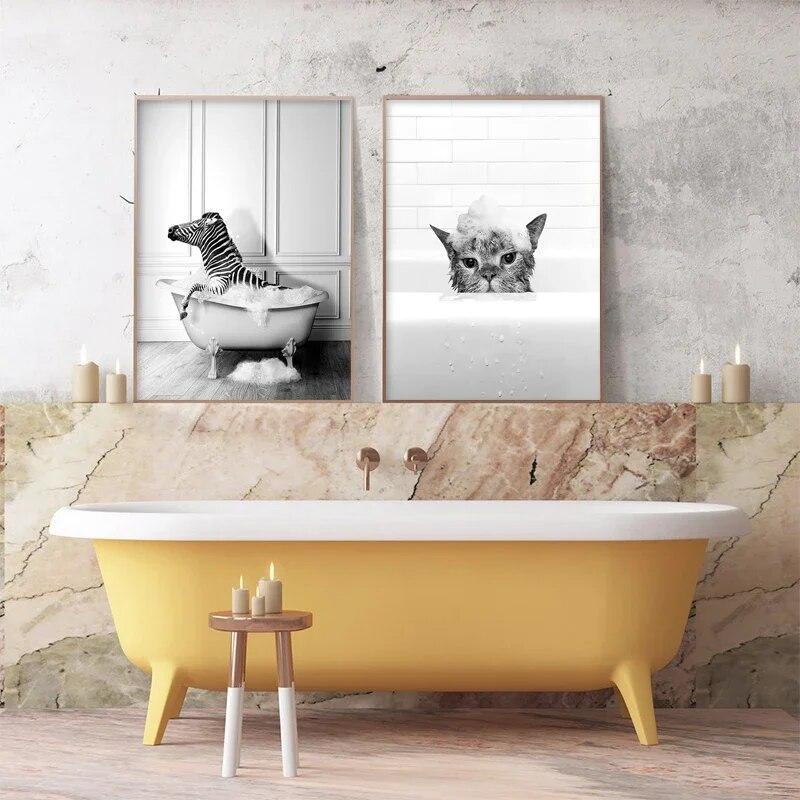 Black White Animals Elephant Penguin Giraffe In Tub Bathroom Wall Art Canvas Painting Posters and Prints Wall Picture Room Decor