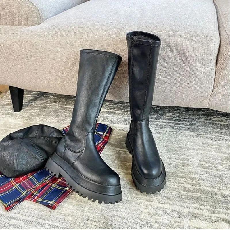 Fashion Platform Round Toe Middle Heel Women's Long Boots Goth Spring Autumn Comfortable and Elegant Sale Ladies Knee High Shaft Shoes