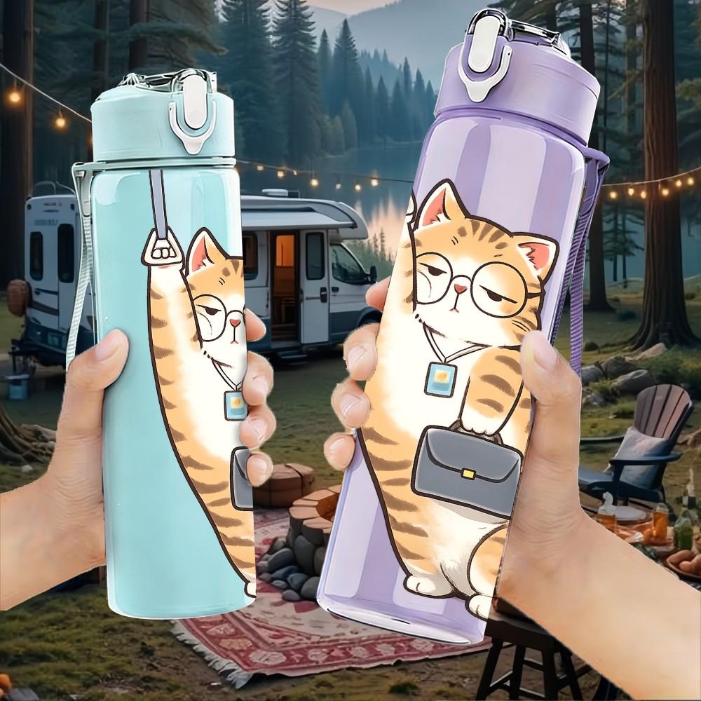 1PC Cat Hold Cell Phone Cartoon Print 750ml Color Plastic Sports Water Bottle Leakproof Flip Straw Lid Suitable for Sports Office Home Use