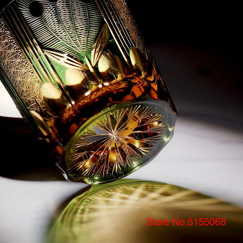Bicchiere da Vino di Lusso Stile Giapponese Edo Kiriko Verde Blu Cristallo Bicchiere da Whisky Incisione a Mano Pavone Bicchiere da Whisky