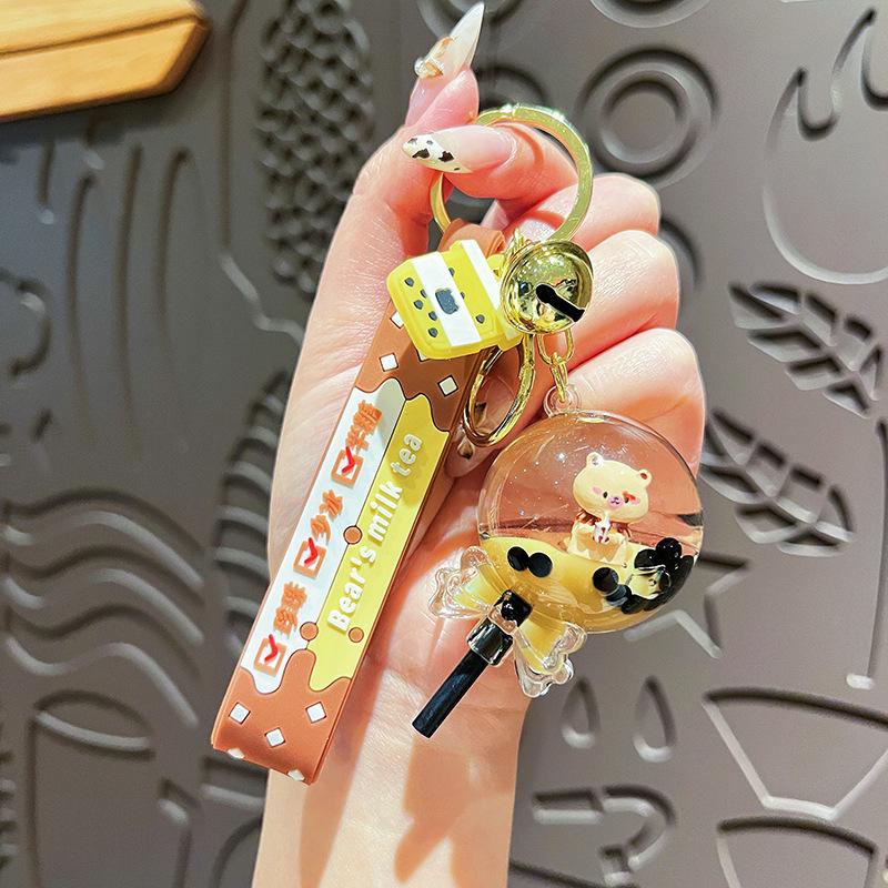 Floating Oil-Filled Bear Milk Tea Cup Keychain - Cute Backpack Pendant for Couples