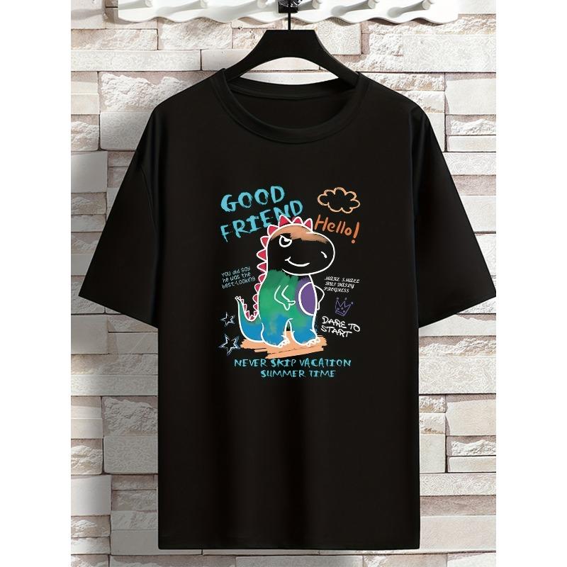 

European sizes Plus Size Men s Trendy Cute Dinosaur Graphic Tees, Comfy Stretch Breathable T-shirts For Summer, Oversized Loose Men s Clothings XL чорний