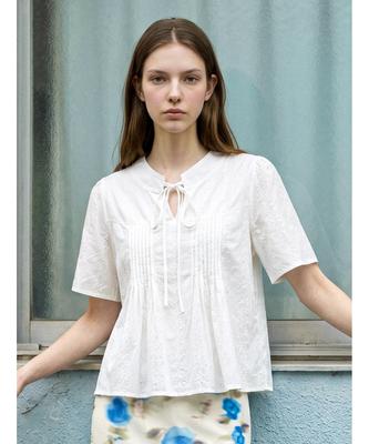 Poebeo21 Flower Ribbon Pintuck Short Sleeve Blouse (Ftdbbl043)