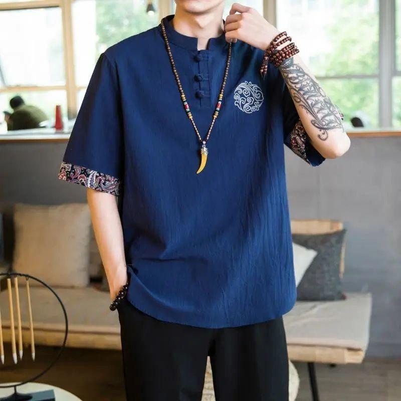 Camiseta de Linho Estilo Chinês com Botão de Disco Masculina Verão Manga Curta Camisa Tang Solta Tamanho Grande Camiseta Kimono Japonês Masculino Novo