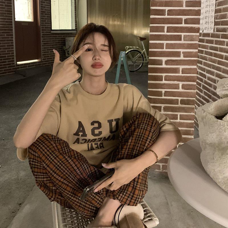 

Уличный стиль женская футболка с коротким рукавом корейская повседневная большого размера - Лето 2023 Extra Large легкие хаки