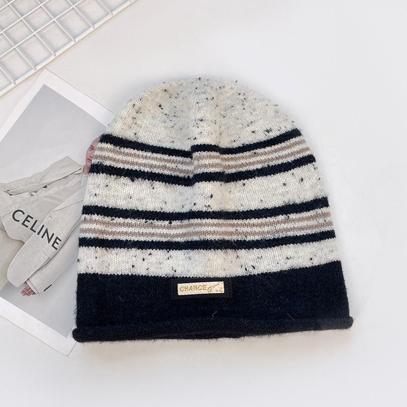 Autumn and Winter Knitted Hats Korean Style Striped Pile Hats Women's New Warm Toe Caps Fashionable and Versatile Ear Protection Woolen Hats