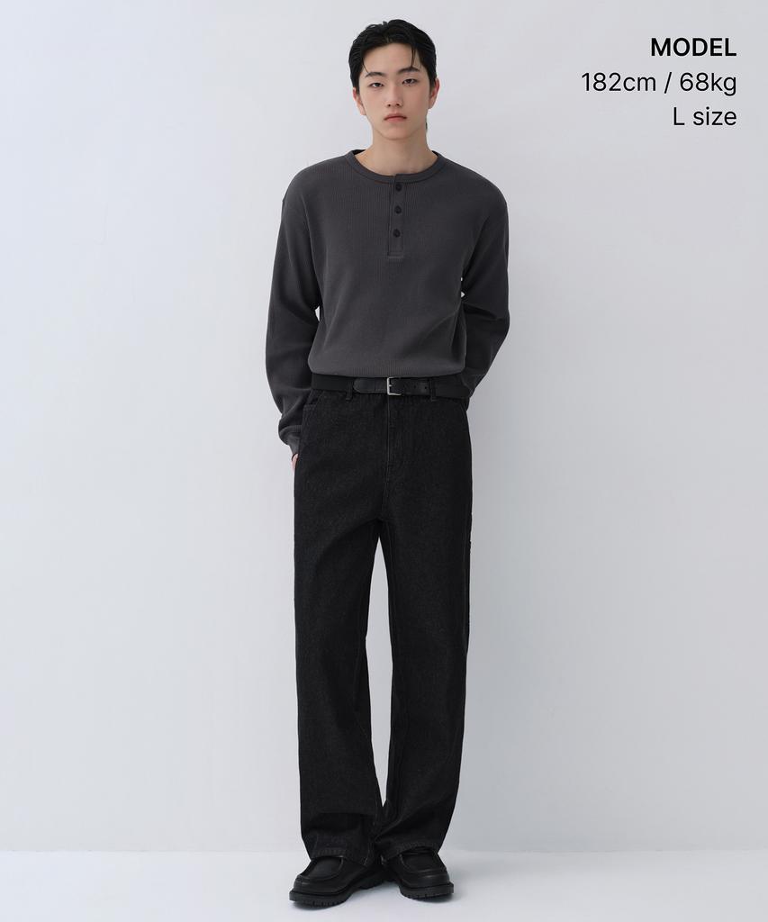 MUSINSA STANDARD Waffle Henley Neck Long Sleeve T-Shirt [Dark Gray]