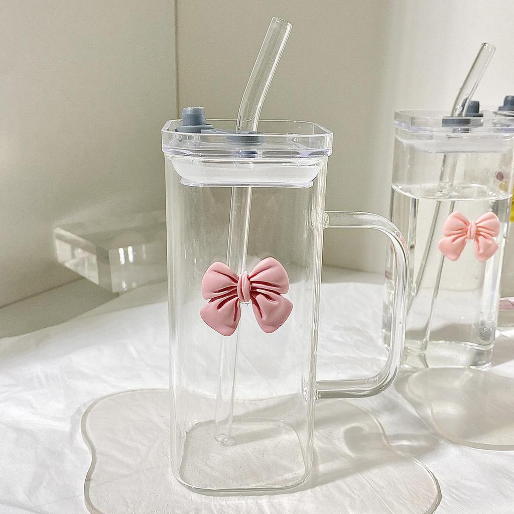 Minimalist Transparent Square Glass Cup with Bow Handle and Straw - High-Temperature Resistant for Coffee or Milk