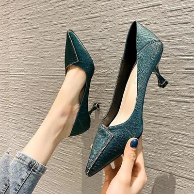 Zapatos de Tacón Alto Brillantes de Cristal Verde Ligeros Dulces Lindos para Mujer Zapatos Casuales de Tacón de Aguja Negros para Dama Ga101