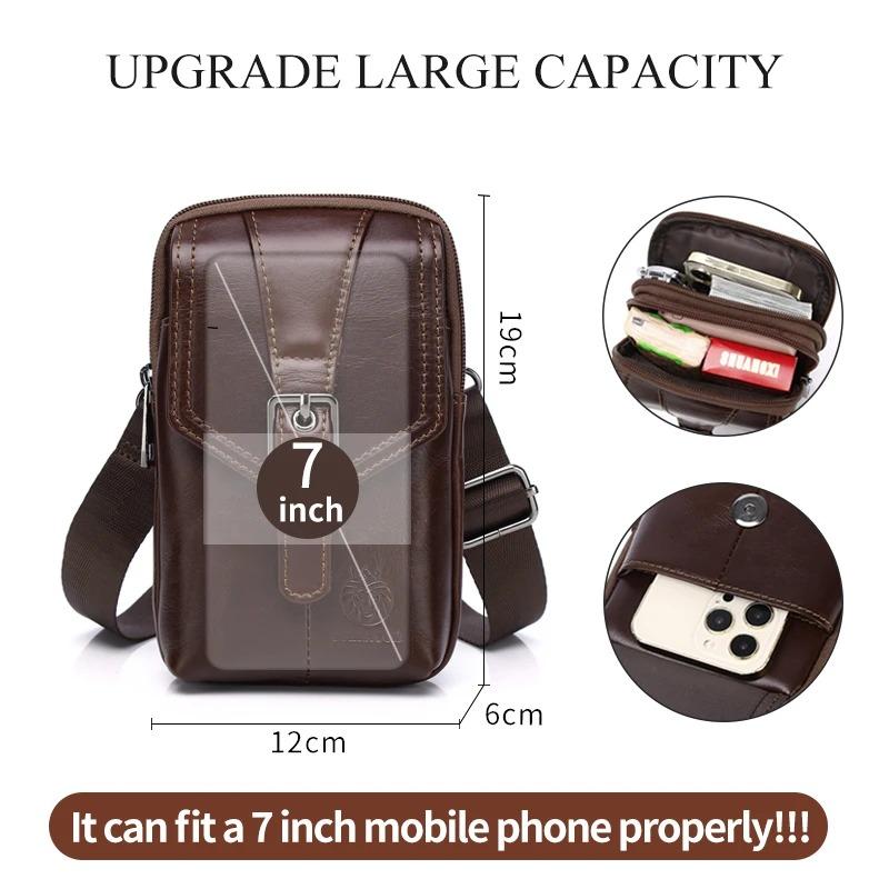 Men's genuine leather small shoulder crossbody phone bag with anti-theft multifunctional buckle