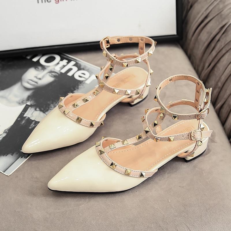Spot Second Hair~ Patent Leather Rivet Pointed Single Shoes 2025 New Spring and Autumn Bag Head Hollow One-word Buckle Sandals