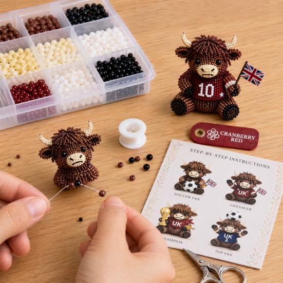 3D Perlen Highland Rind Bausatz für Erwachsene, Kleine 3D Perltiere, DIY Perlen-Set, Highland Rind Perlenstickerei Kits, 4 Niedliche Designs Rind Thema Perlenarbeiten