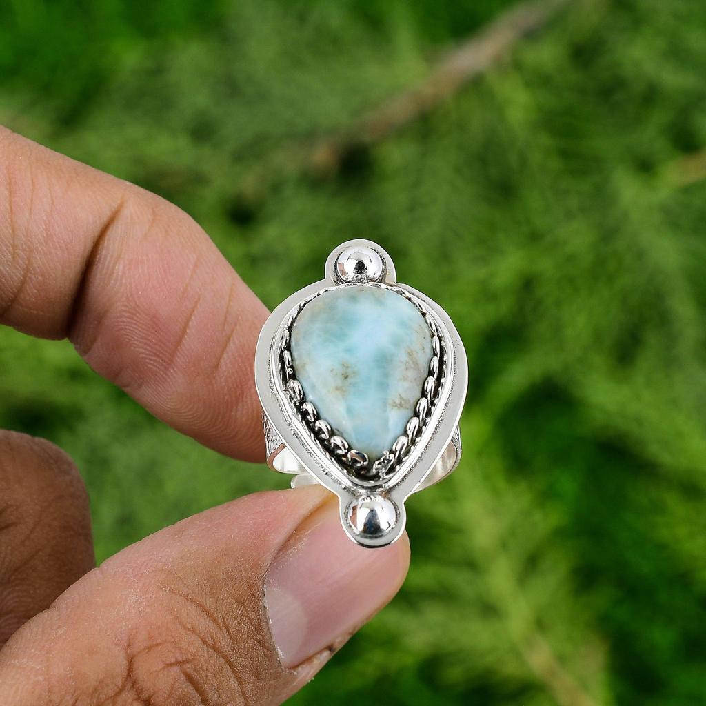 Natural Larimar Gemstone Statement Adjustable Ring 925 Sterling Silver For Girls
