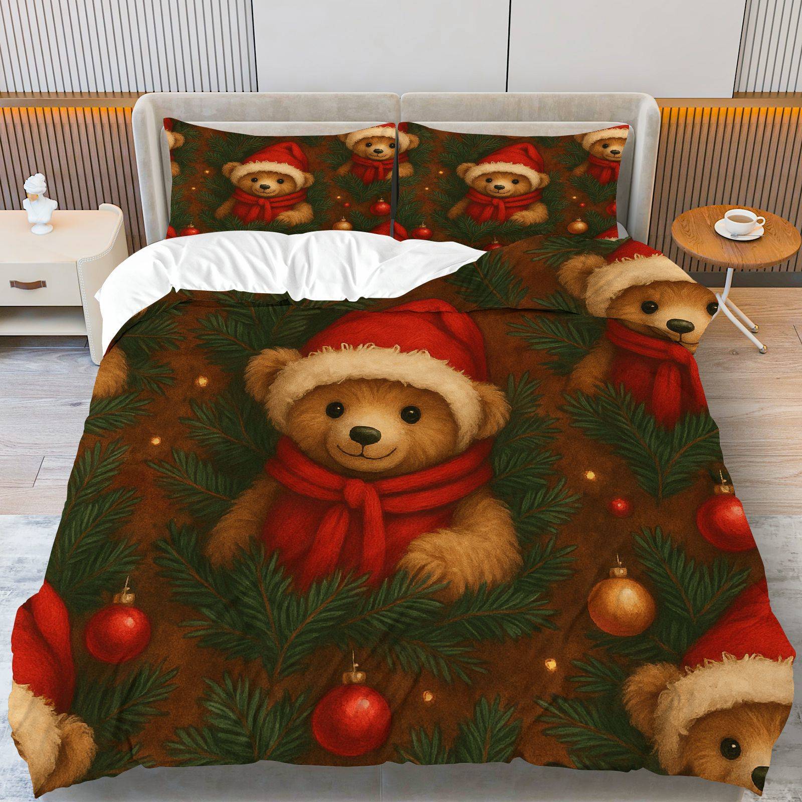 

3 шт. Рождественский плюшевый мишка, украшение из сосновой ветки, комплект пододеяльника - Мягкий полиэстер, на молнии, машинная стирка, комфорт на все сезоны EU Twin(135x200cm)