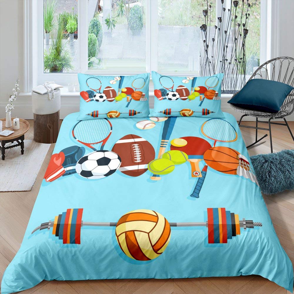 Bettwäsche-Set mit Tennisplatz-Print, Jungen Sportspiele Themen-Bettdeckenbezug, Gelber Tennisschläger Sportgeräte Bettwäsche-Set