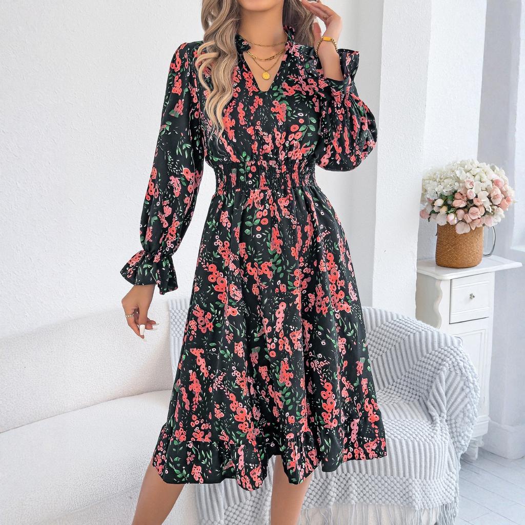 Dámské módní párty šaty jednobarevné s výstřihem do V, dlouhým rukávem, slim fit, se sekviny, plisované, s mašlí omotanou kolem boků, večerní šaty