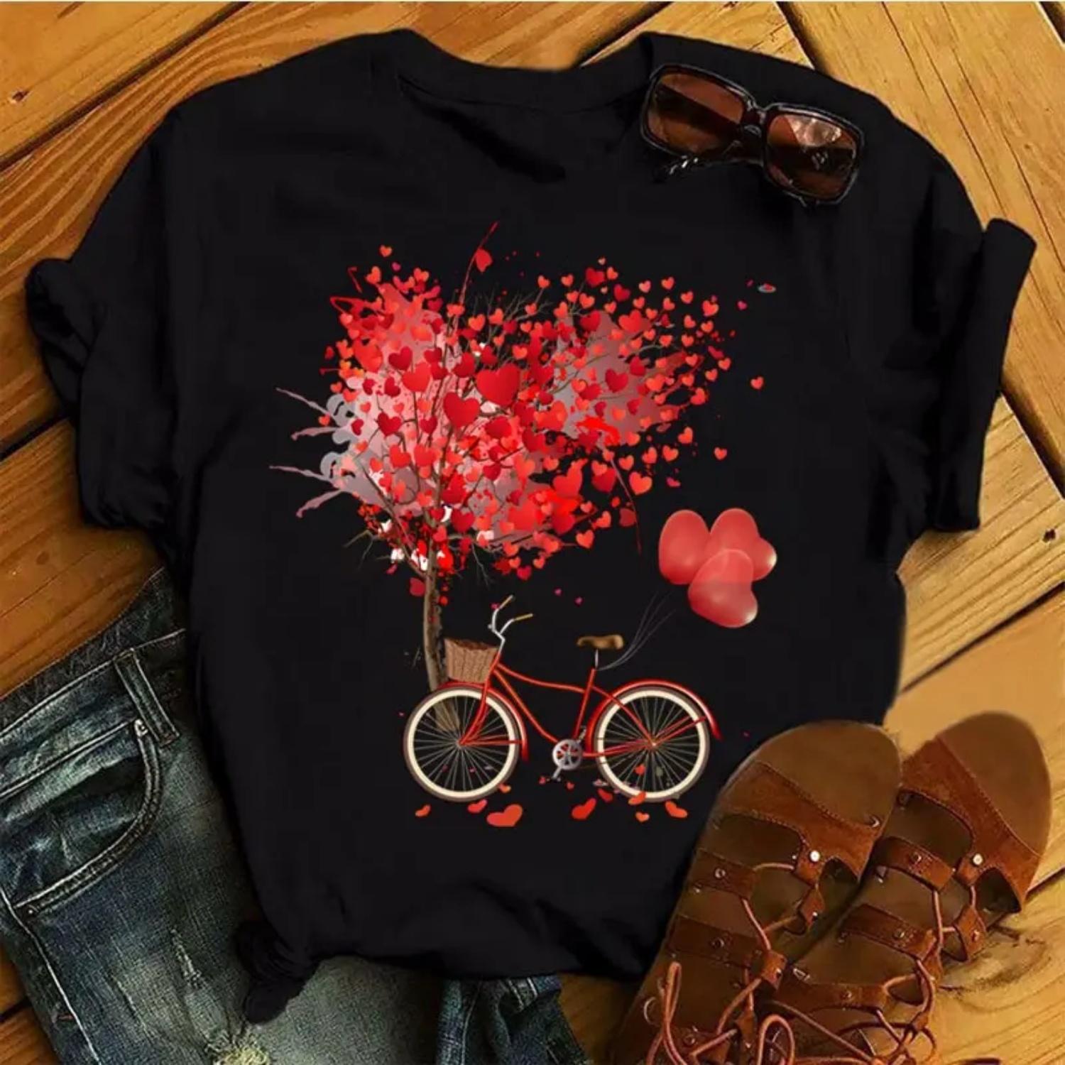 Beautiful Ladies Short-Sleeved T-Shirt Round Neck Romantic Rose Pattern Print Summer Casual Breathable Y2K Short-Sleeved Shirt S чёрный