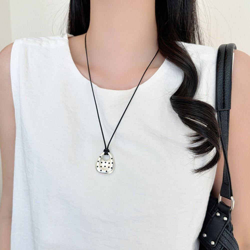 Black Cord Heart Pendant Necklace Polka Dot Charm Drop Heart Necklace Sweater Necklace For Women