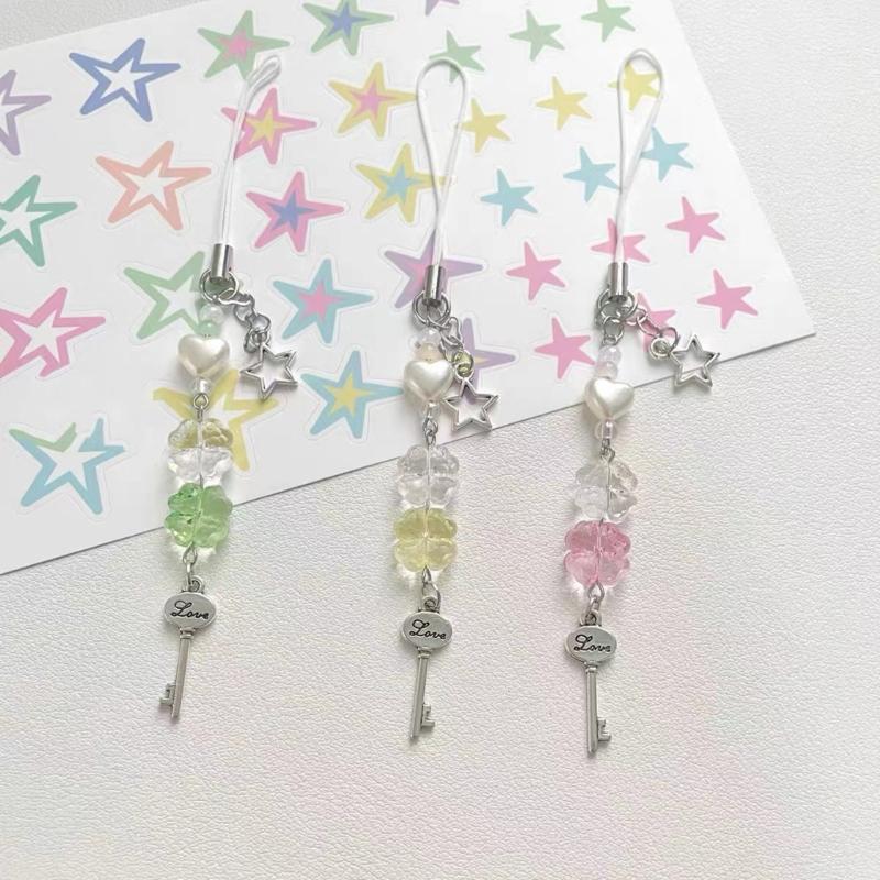 3pcs Handmade Beaded Phone Lanyard Four Leaf Clovers Phone Chain Acrylic Beaded Phone Pendant Phone Jewelry for Key Bag