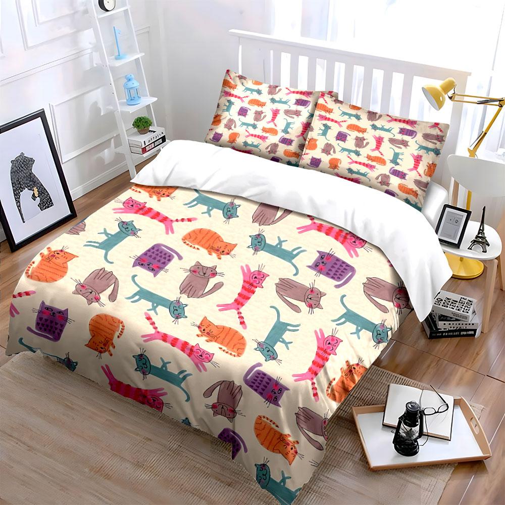 Cute Colorful Cartoon Cats Pattern Bedding Duvet Cover Set Duvet Cover Pillowcases  (1*Duvet Cover 2*Pillowcases, without duvet insert)