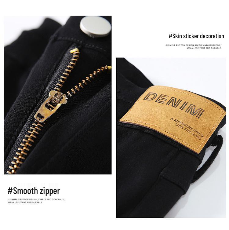Women's Stretchy Black High-Waisted Split Denim Jeans, Slim Fit, Micro Flare, Petite-Friendly, Floor-Length, Straight-Leg with Good Drape