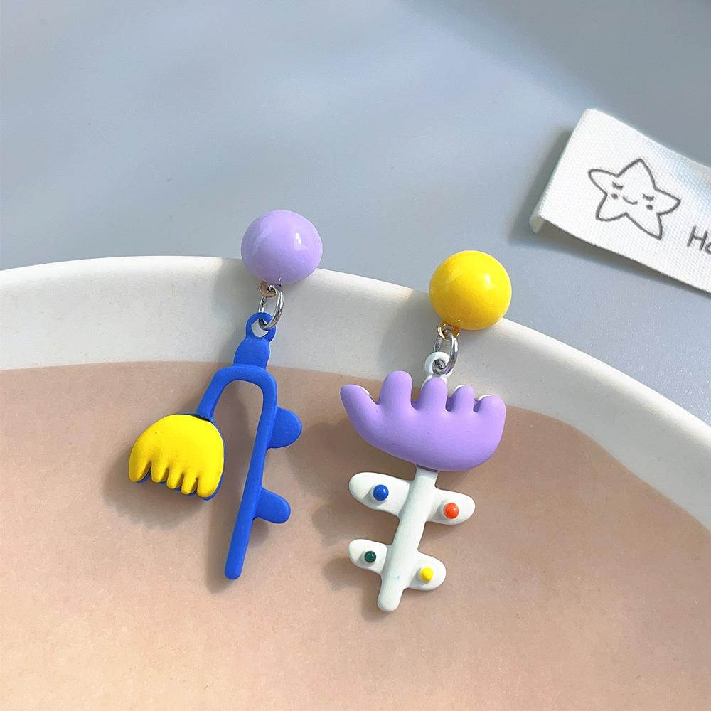 Colorful Asymmetrical Flower Cartoon Earrings for Women - S925 Sterling Silver Studs