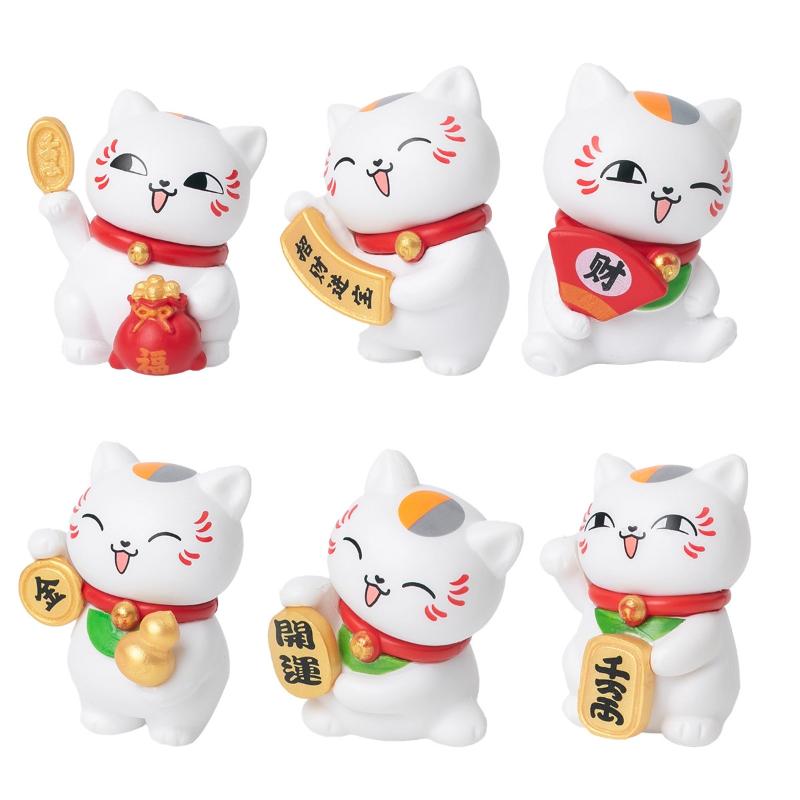 6 Stück Mini Harz Glückskatze Figuren Set Niedliches Design Segen für Gutes Glück Ideal für Zuhause Büro Schreibtisch Auto Dekor