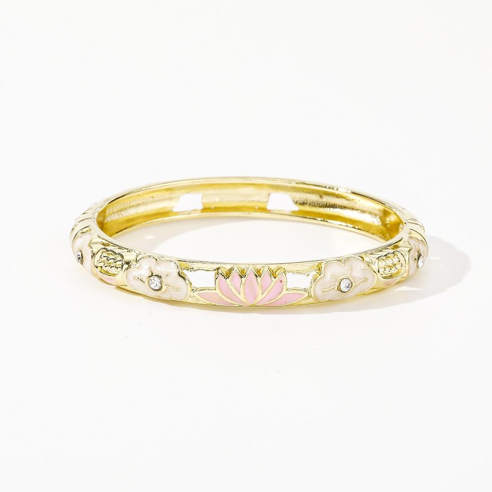 Vintage Colorful Enamel Floral Bangle Gold Plated Hollow Out Dainty Jewelry Chinese Style Gift Flower Bangle Women