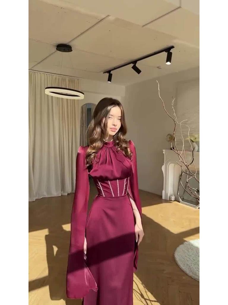 Spring Women's Elegant Flowy Long-Sleeve Dress - European American 2025 Style