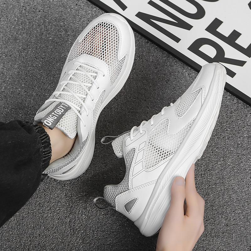 Men's Shoes With Breathable Mesh Versatile Casual Suitable Teenagers' Running Anti Slip Sports Height Increasing Plus Size White Dad
