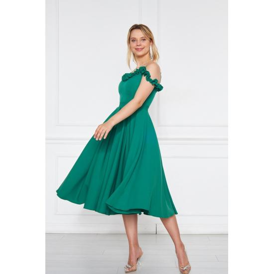 Women's Adjustable Strap Ruffle Detailed Collar Pleated Flared Midi Evening Dress