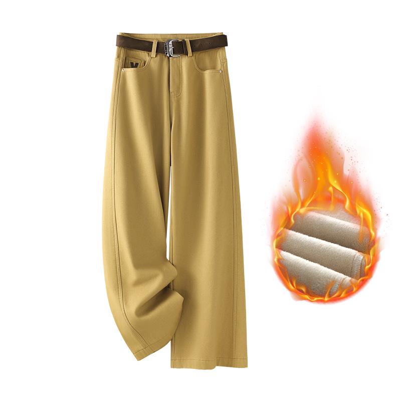 2025 Retro Yellow Plus Velvet Wide-Leg Women's Jeans: Spring & Autumn Collection