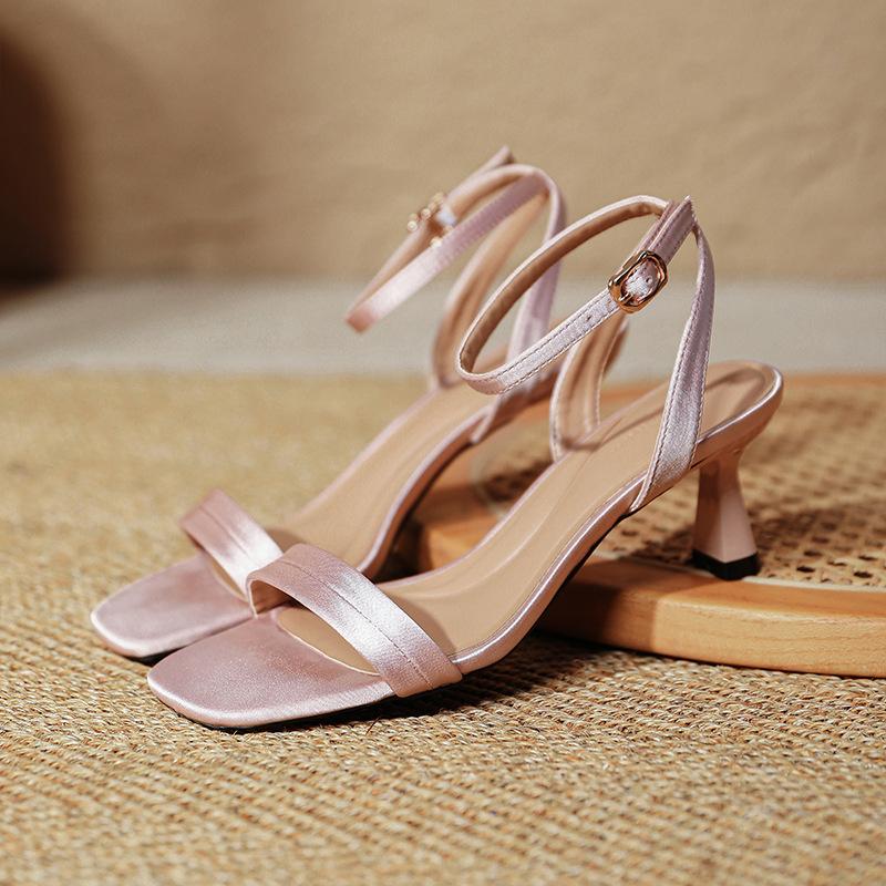 2025 new summer high-heeled sandals with open-toed sexy fairy style pink square head high heels female stiletto