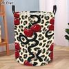 1pc DOKRIY Vintage Leopard Print Laundry Basket with Cherry Blossom - Foldable Suitable for Bedrooms, Dorm Storage Box, Reinforced Handle & Retro Canv