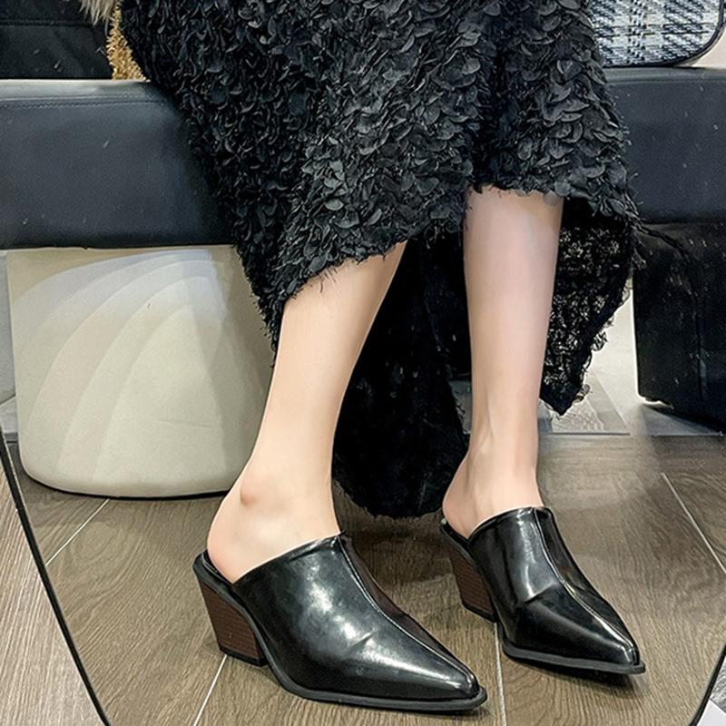 Fashion Comemore Spring Summer New Slippers Sexy Pointed Toe Slip On Baotou Mules Slipper Female Fashion Thick Heel Outdoor Dress Shoes