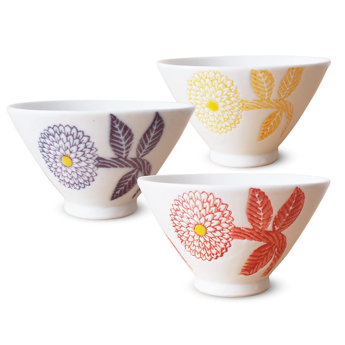 

Kunzan Kiln Tea Bowls Set of 3 11cm Hasami Ware Made in Japan Dahlia Purple Yellow Red J-kitchens