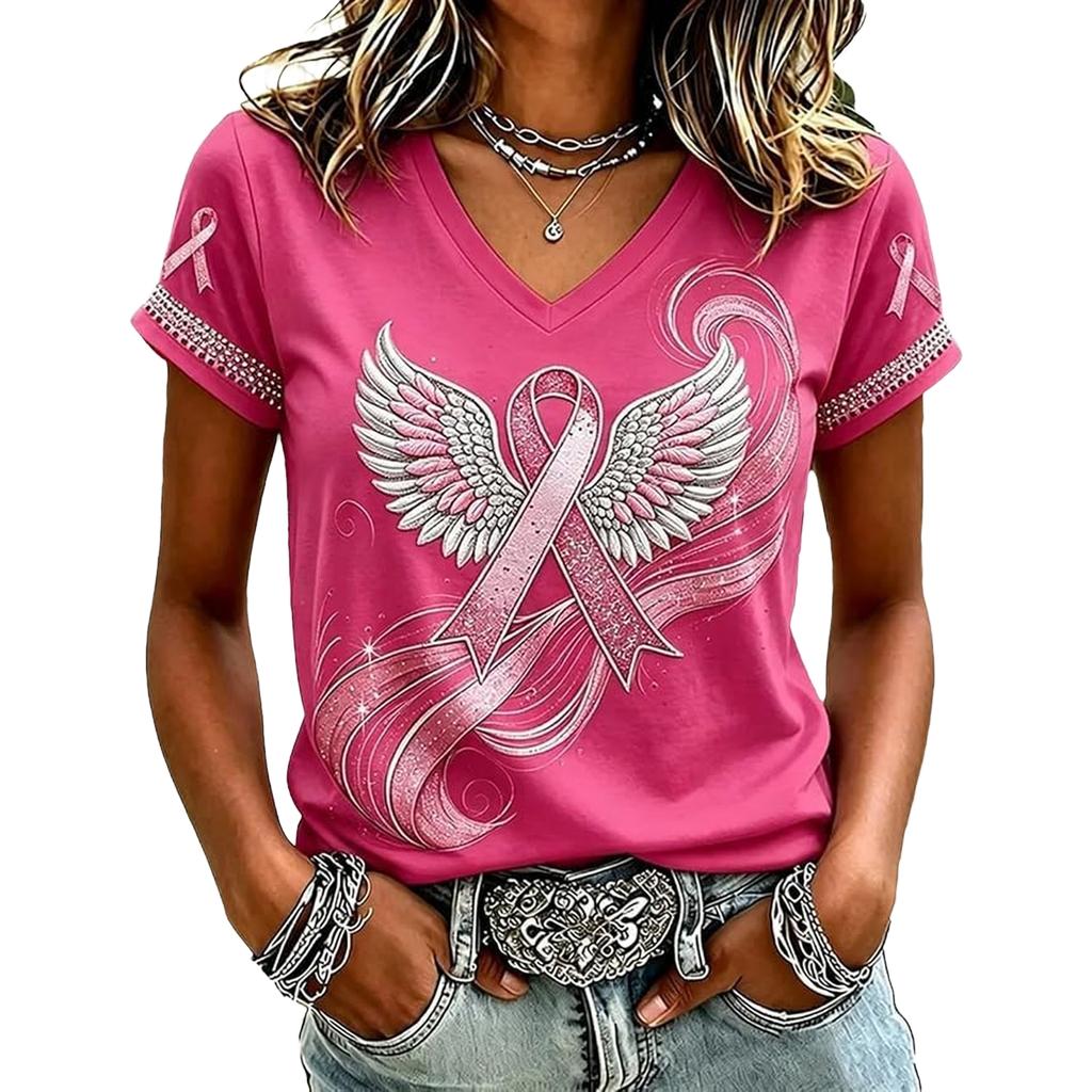 Women's Casual V-Neck Short Sleeve Printed Pullover T-Shirt for Everyday Wear