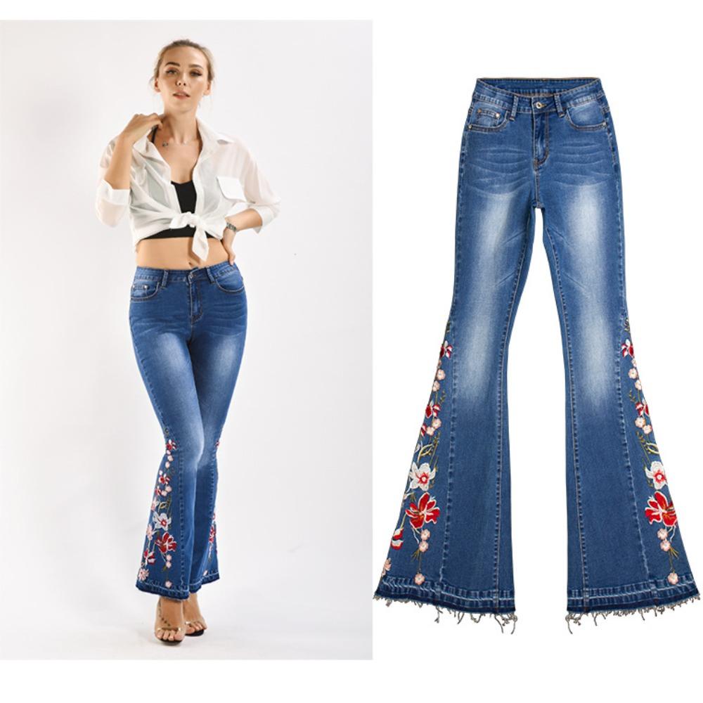Women's Mid Rise Flare Jeans Loose Fit Streetwear Denim Trousers with Heavy Floral Embroidery Dark Wash Cotton Fabric