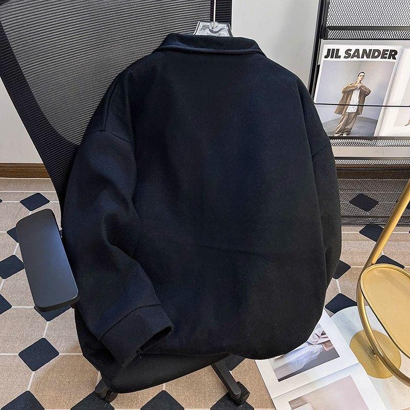 Unisex Retro Wollmantel in mittlerer Länge - Schwarz, Baumwollgefüttert, Lockere Passform, Koreanischer Stil für Herbst/Winter