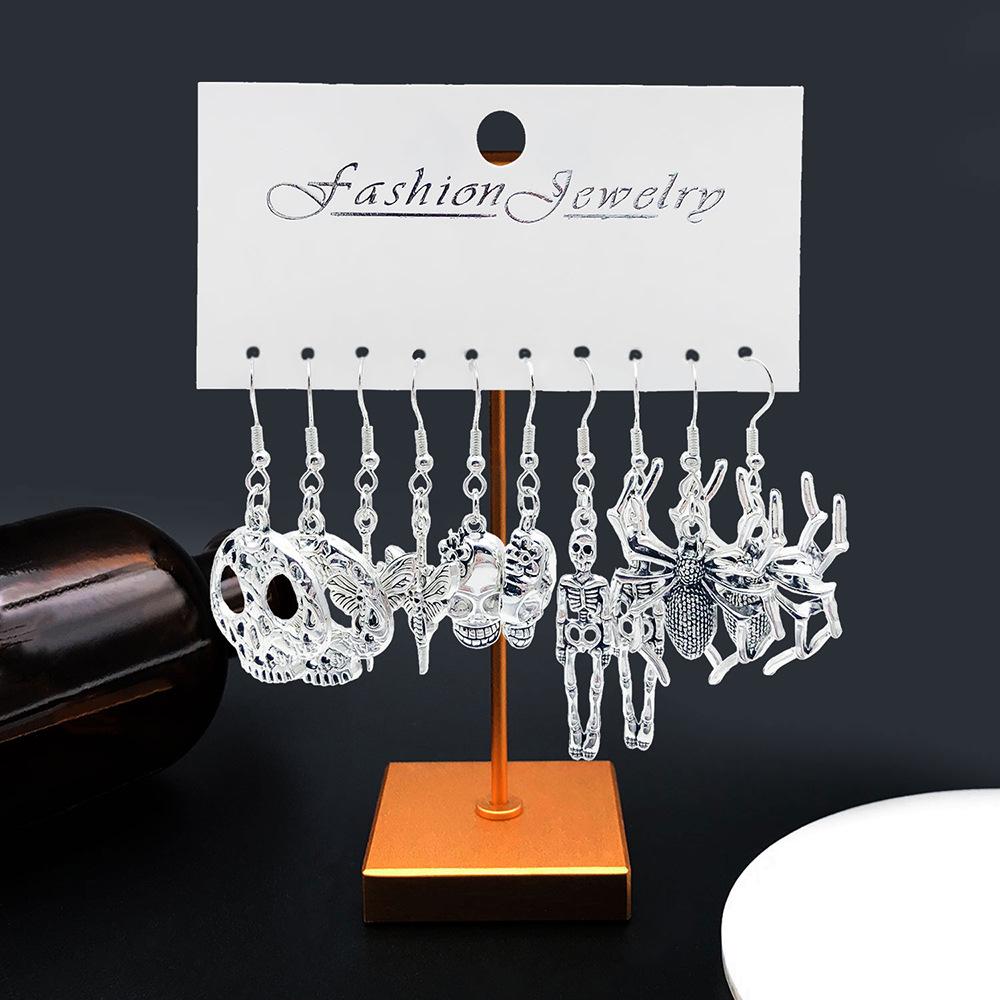 Antique Silver Skull & Spider Moth Pendant Earrings Set - 5 Pairs for Men & Women