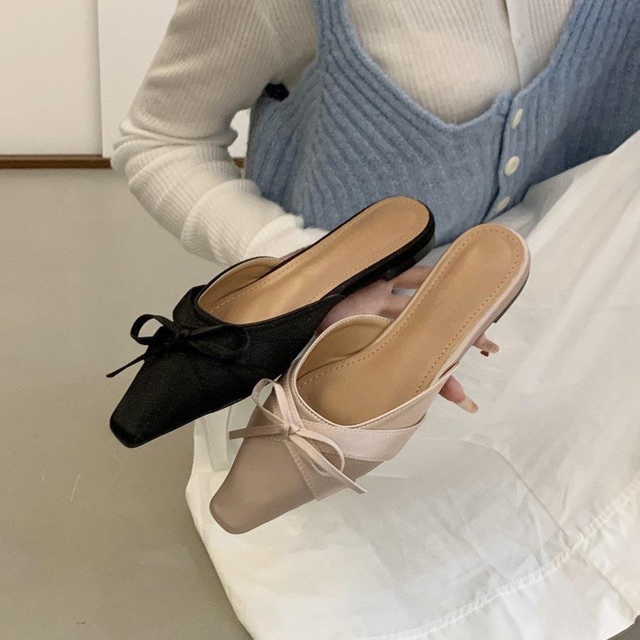 Flat bottom pink bow bag head half slippers fairy shoes spring temperament half support single shoes